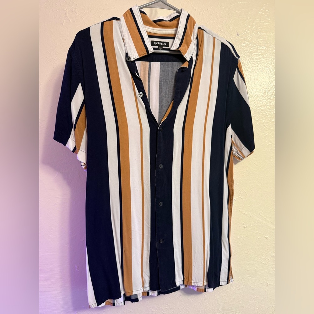 Express Men’s Casual Button-Down Shirt - Navy, White & Mustard Stripes